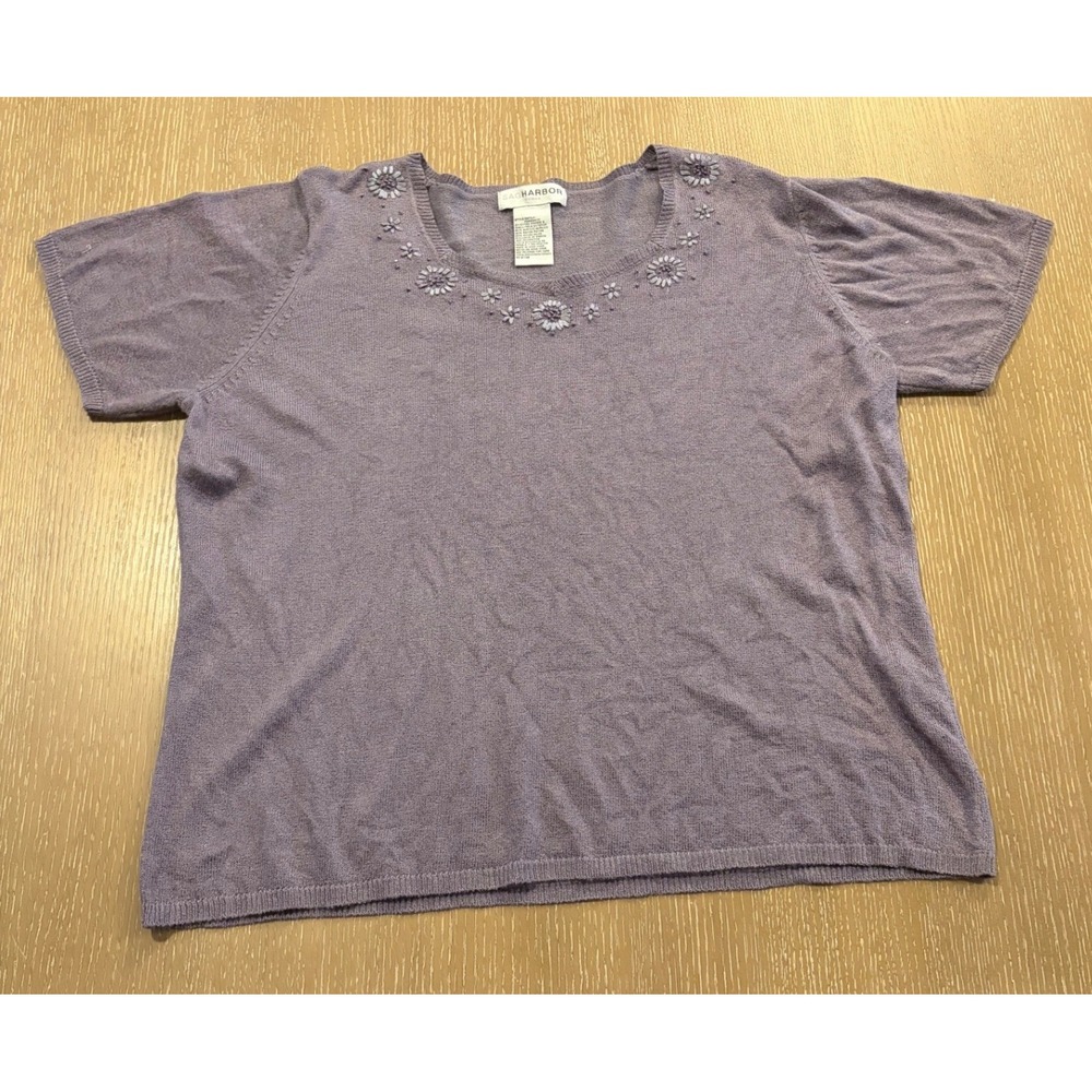 Sag‎ Harbor Woman 2X Purple Knit Sweater Top Floral Embroidered Short Sleeve